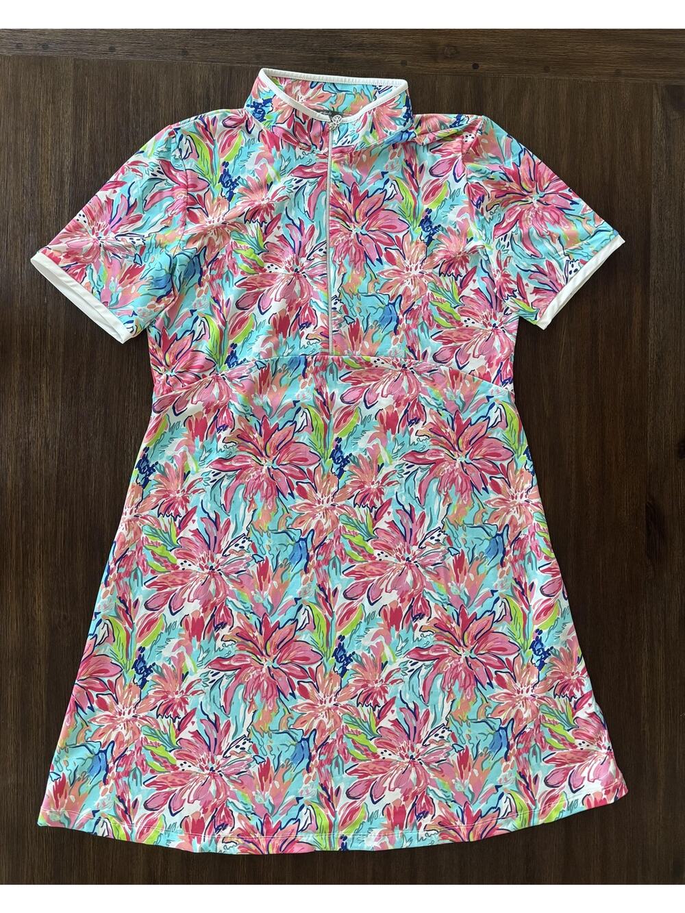 Dolcezza Dress Womens Large Multicolor Floral Mock Neck Zip A-Line Pockets 25674
